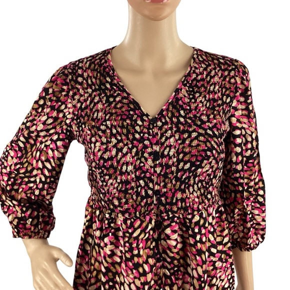 Cato Smocked Empire Waist Blouse Black Pink Print Size Small - Picture 2 of 7